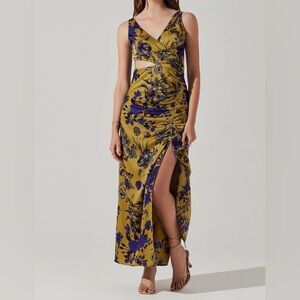 Astr Mustard Yellow Floral Cutout Maxi Dress with Purple & Black Accents